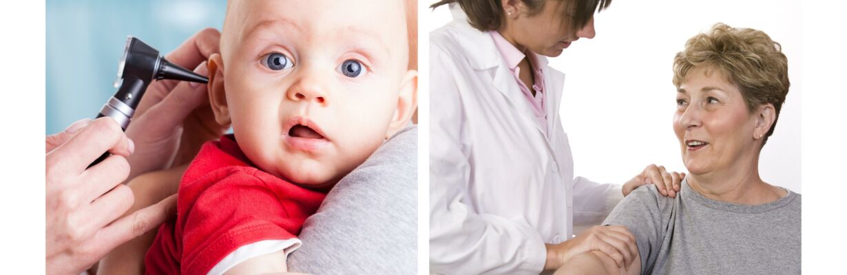 Vauva ja korvamittari sekä nainen ja lääkäri