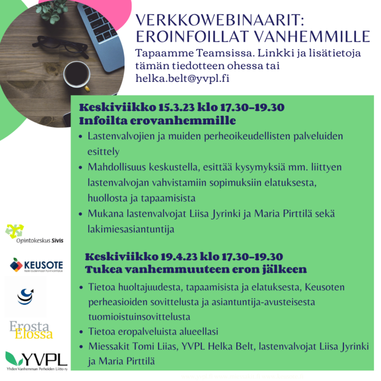 Kuvassa on sama tietosisältö kuin sivun tekstissä. Kuvassa on lisäksi myös webinaarit järjestävien tahojen logot (Opintokeskus Sivis, Keusote, Miessakit ry sekä YVPL).