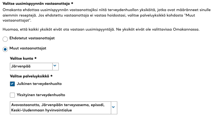 Vaihe 2. Valitse uusimispyynnön vastaanottaja, kunta sekä palveluyksikkö.