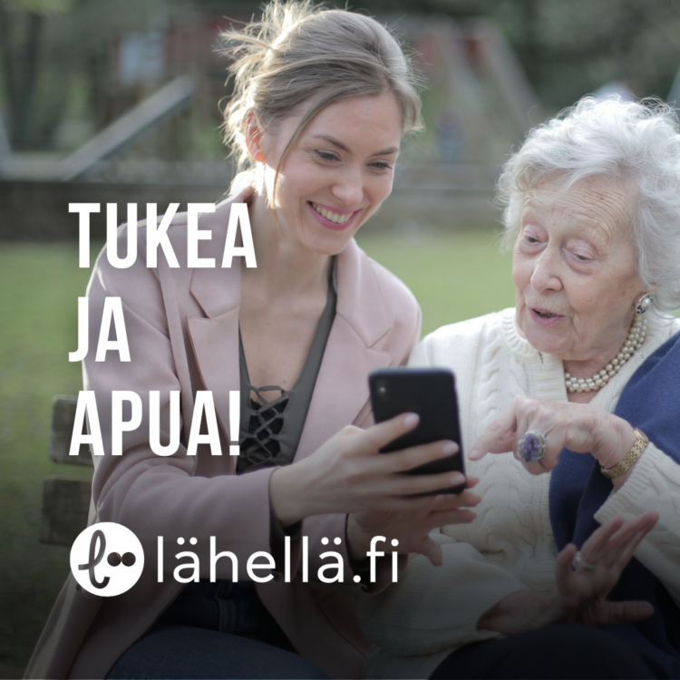Kuvassa ikäihminen ja nuori nainen katsovat älypuhelinta yhdessä. Lisäksi teksti: Tukea ja apua. Lähellä.fi