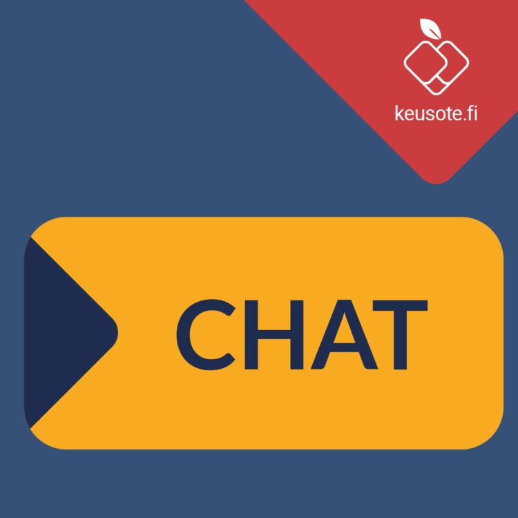 Kuvassa sininen nuoli ja teksti Chat oranssilla taustalla sekä Keusoten logo.