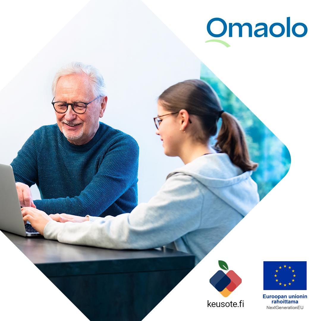 Ikäihminen ja nuori tietokoneen äärellä. Omaolo-logo, Keusote-logo sekä Euroopan unionin rahoittama NextGenerationEU-logo.